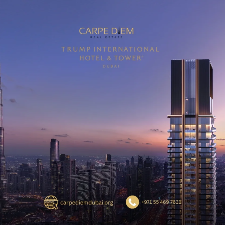 High-rise facade of Trump Tower Dubai with skyline backdrop