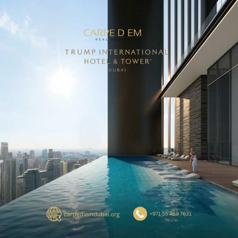Luxury apartment interior at Trump International Dubai with Burj Khalifa view